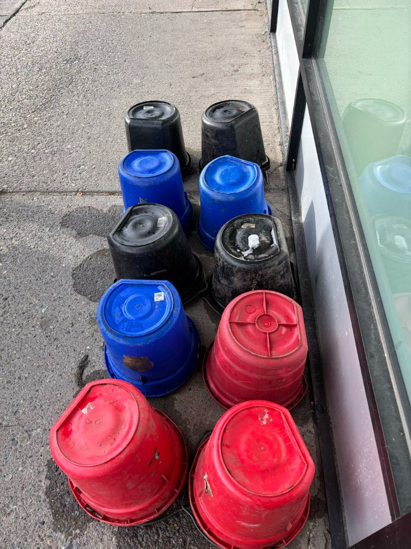 various water/grain buckets