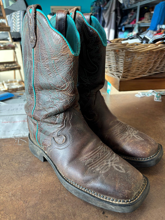 Brown, Teal Justin Cowboy Boots, 8.5B