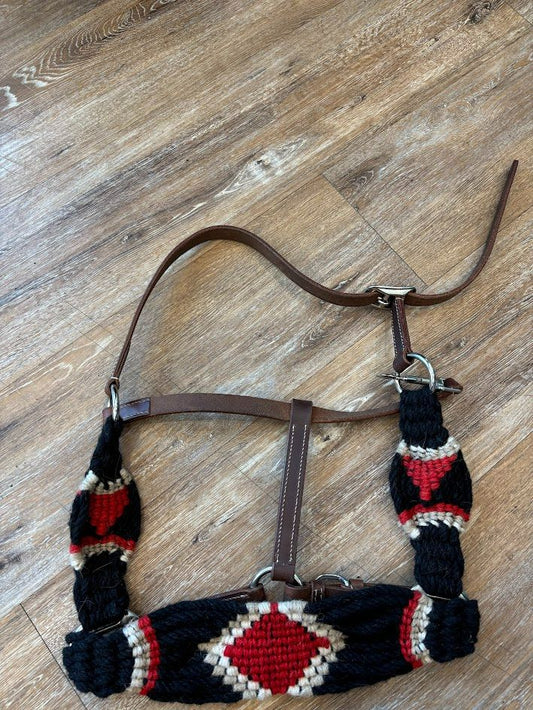 red,black,white  leather and mohair style halter