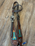 brown, white, teal, orange  Handmade Buck stitch one ear headstall