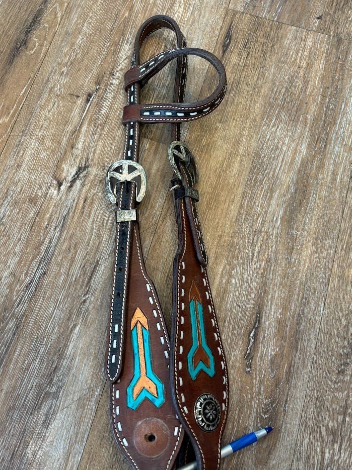 brown, white, teal, orange  Handmade Buck stitch one ear headstall