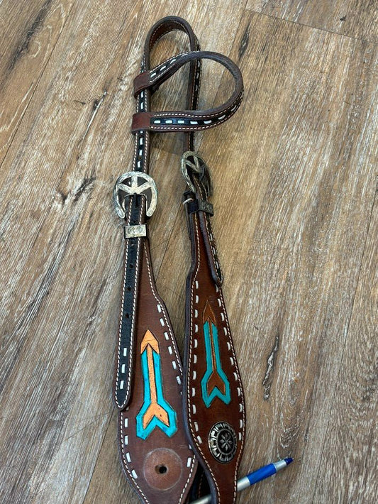 brown, white, teal, orange  Handmade Buck stitch one ear headstall